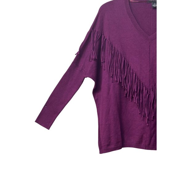 DKNY Fringe Embellished V-neckline Dolman Sweater, Purple, S - Picture 5 of 13